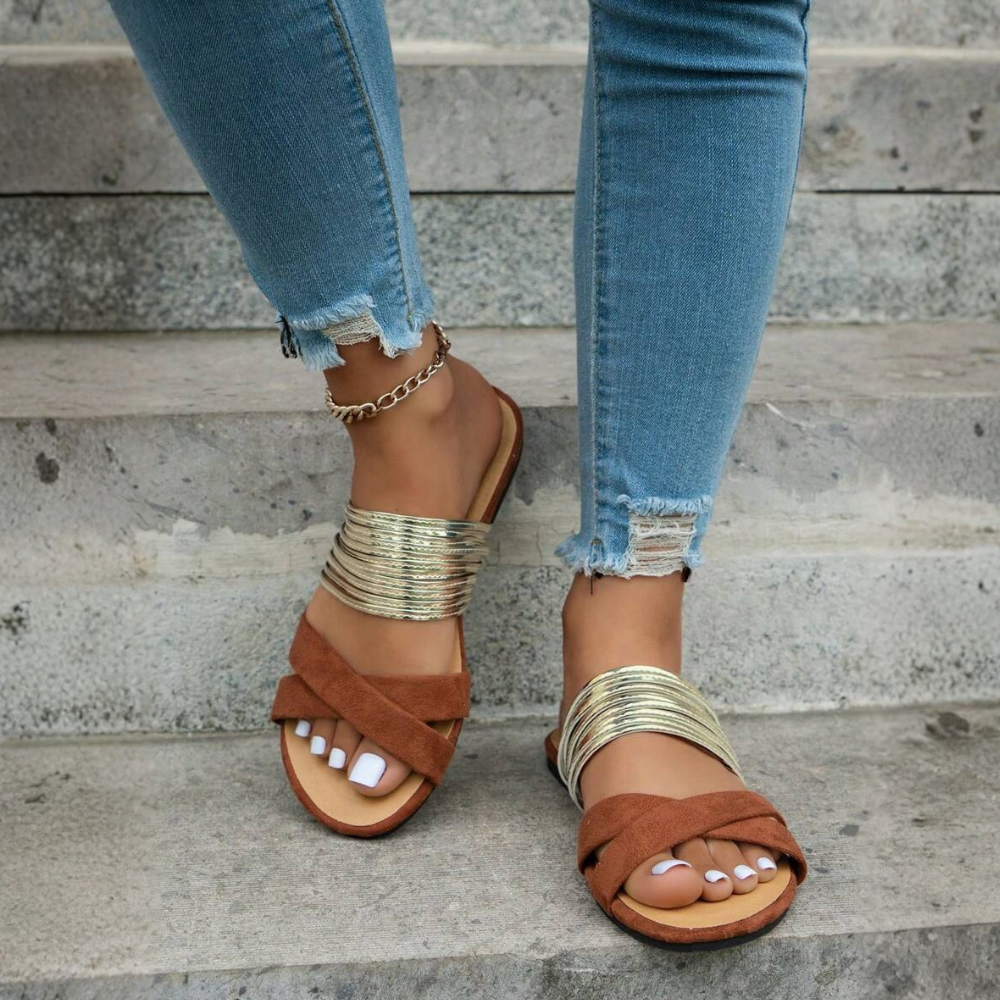 Metallic Multi Strap Casual Flat Sandals For Women