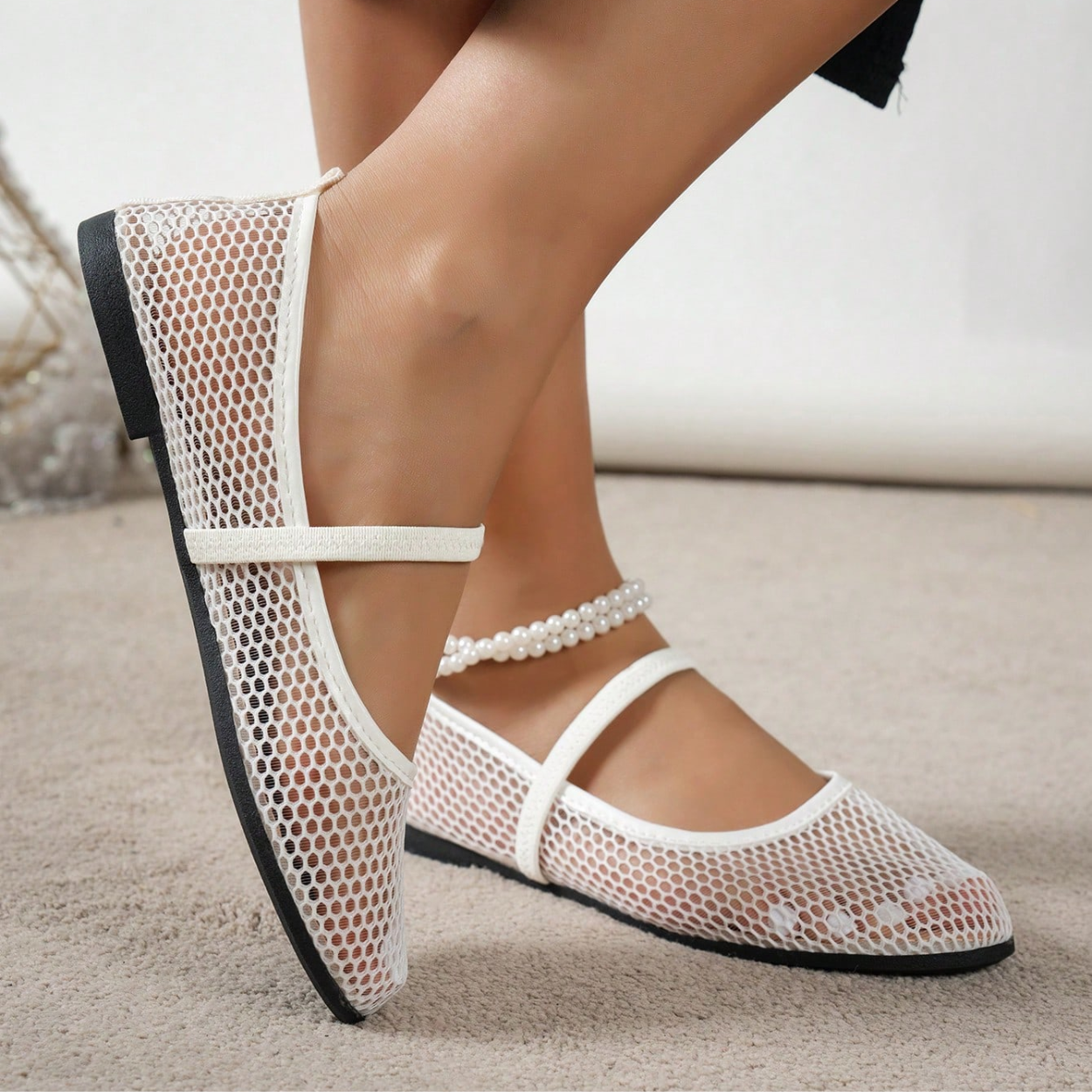 Lightweight Hollow Ballet Flats With Mesh Design For Women in Black - On-Foot View