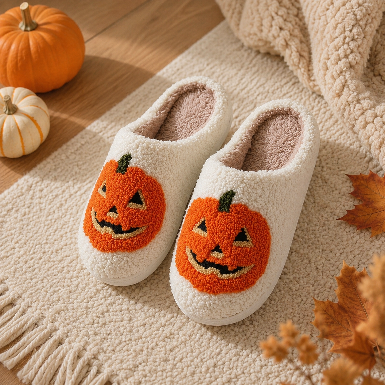 Halloween Themed Non Slip Warm Fuzzy Fleece Plaid Design Slippers