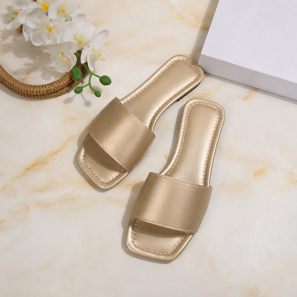 Square Toe Slip On Flat Slide Sandals For Girls