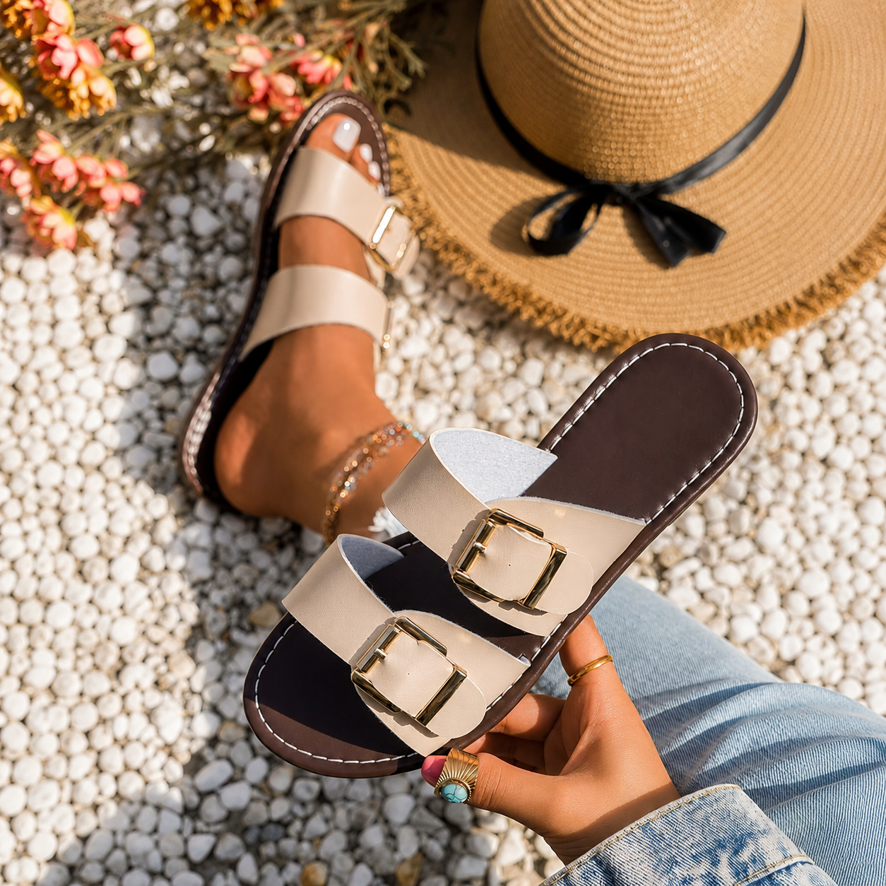 Retro Summer Beach Fashion Buckle Flat Sandals For Women