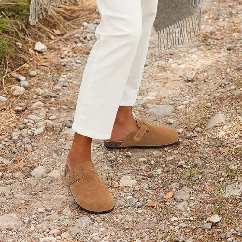 Slip On Suede Clogs With Buckle Closure - Comfy Platform Shoes