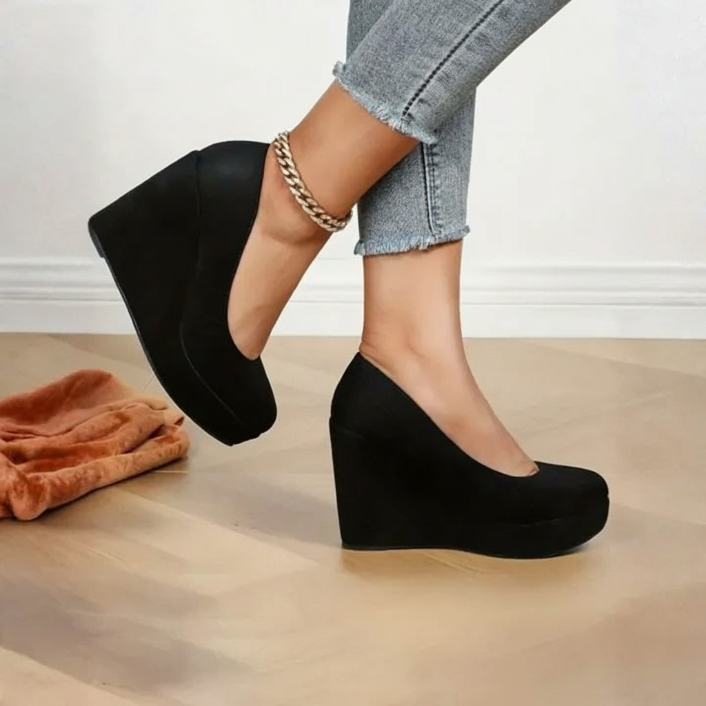 Round Front Suede Platform Court Heels - On-Foot View