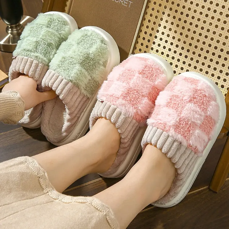 Non Slip Warm Fuzzy Fleece Plaid Design Slippers