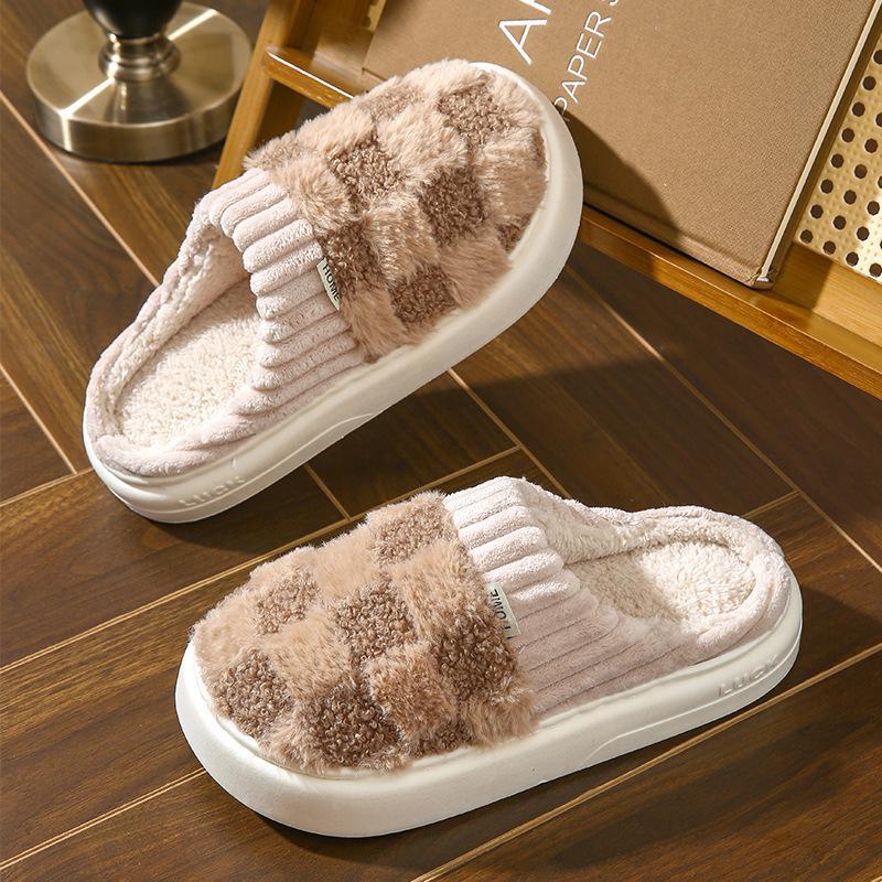Non Slip Warm Fuzzy Fleece Plaid Design Slippers