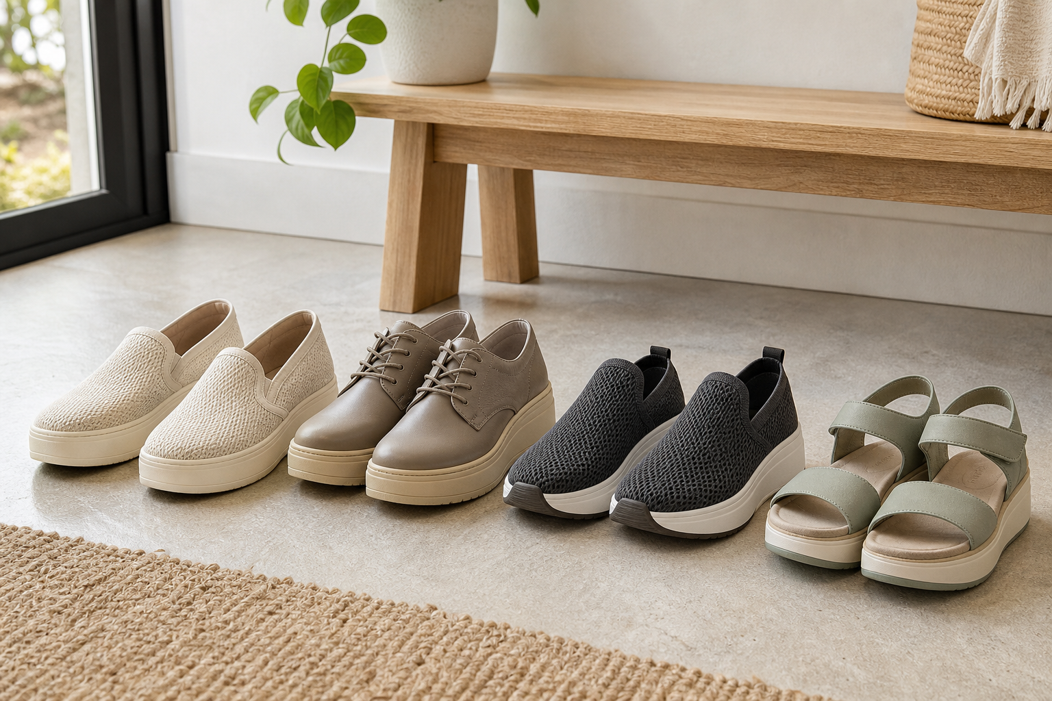 Four platform shoe styles arranged indoors: slip-on, lace-up Derby, mesh slip-on and open-toe sandal