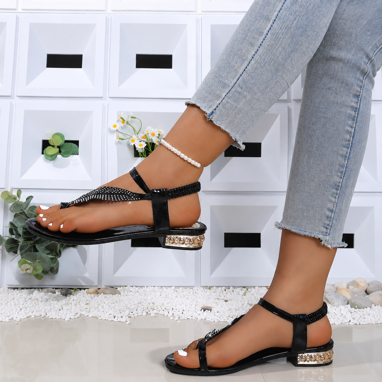 Leaf Detail Strappy Sandals with Decorative Accents for Women