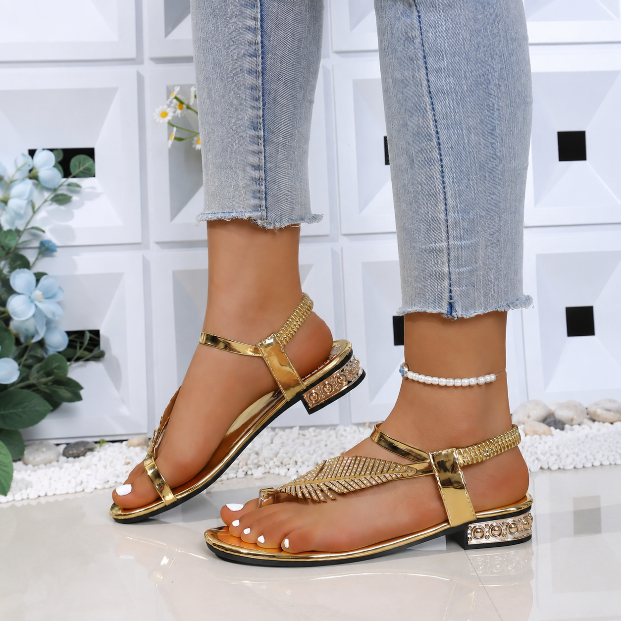Leaf Detail Strappy Sandals with Decorative Accents for Women
