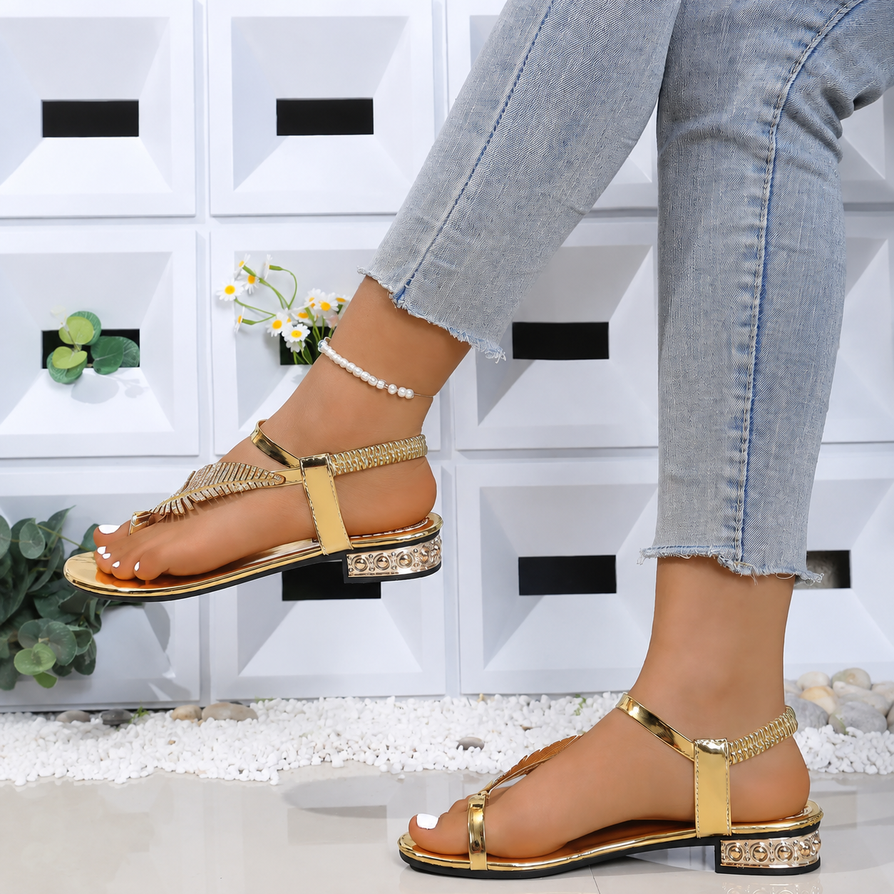 Leaf Detail Strappy Sandals with Decorative Accents for Women