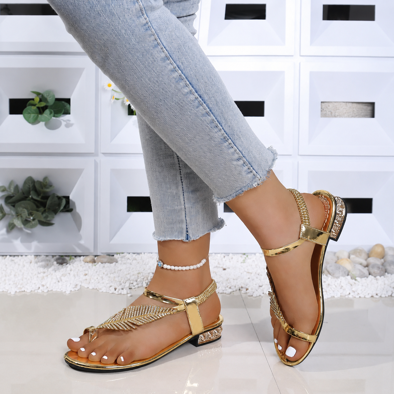 Leaf Detail Strappy Sandals with Decorative Accents for Women