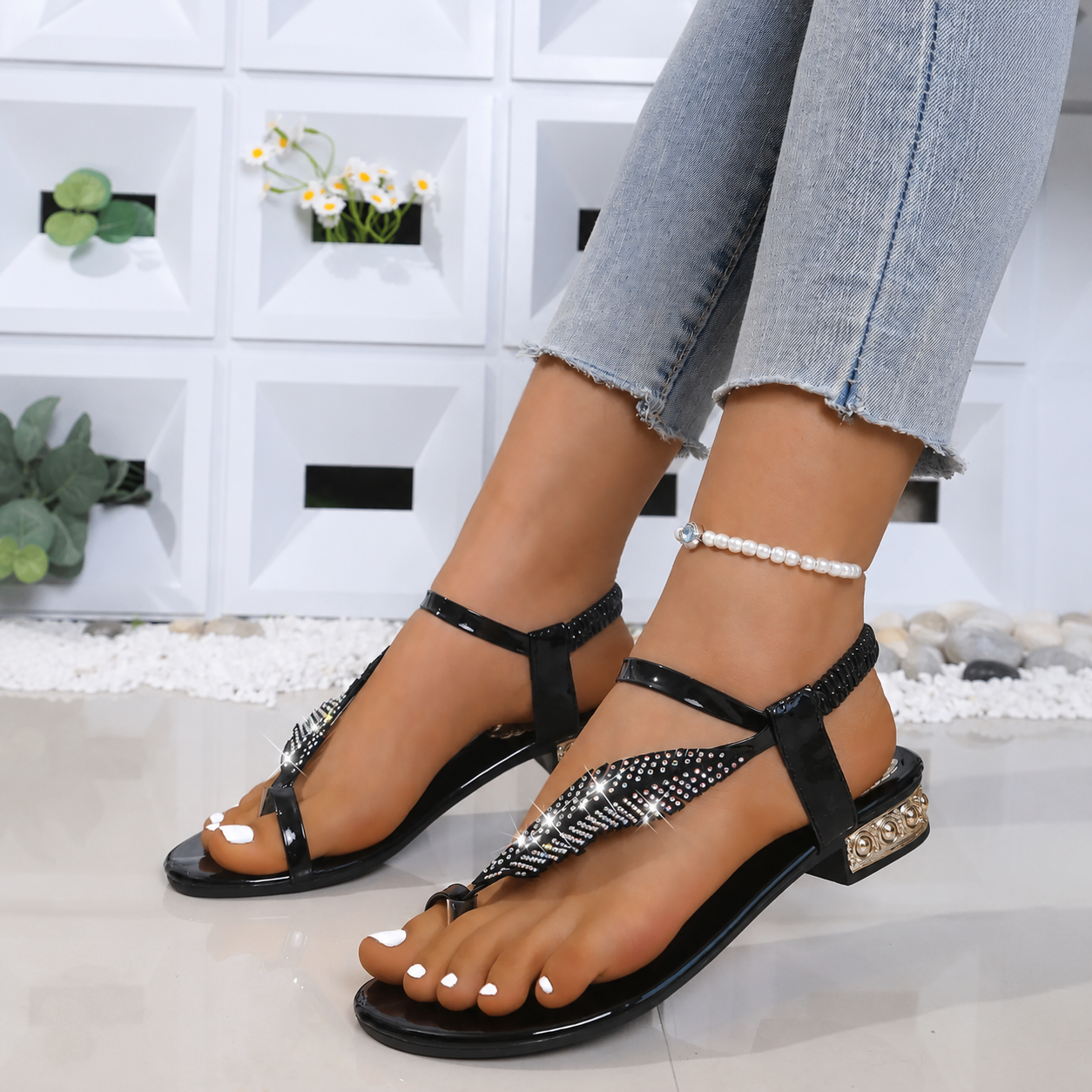 Leaf Detail Strappy Sandals with Decorative Accents for Women
