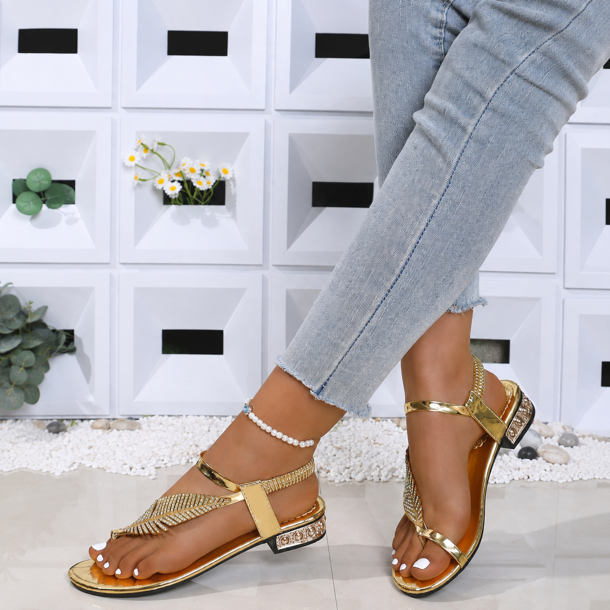 Leaf Detail Strappy Sandals with Decorative Accents for Women