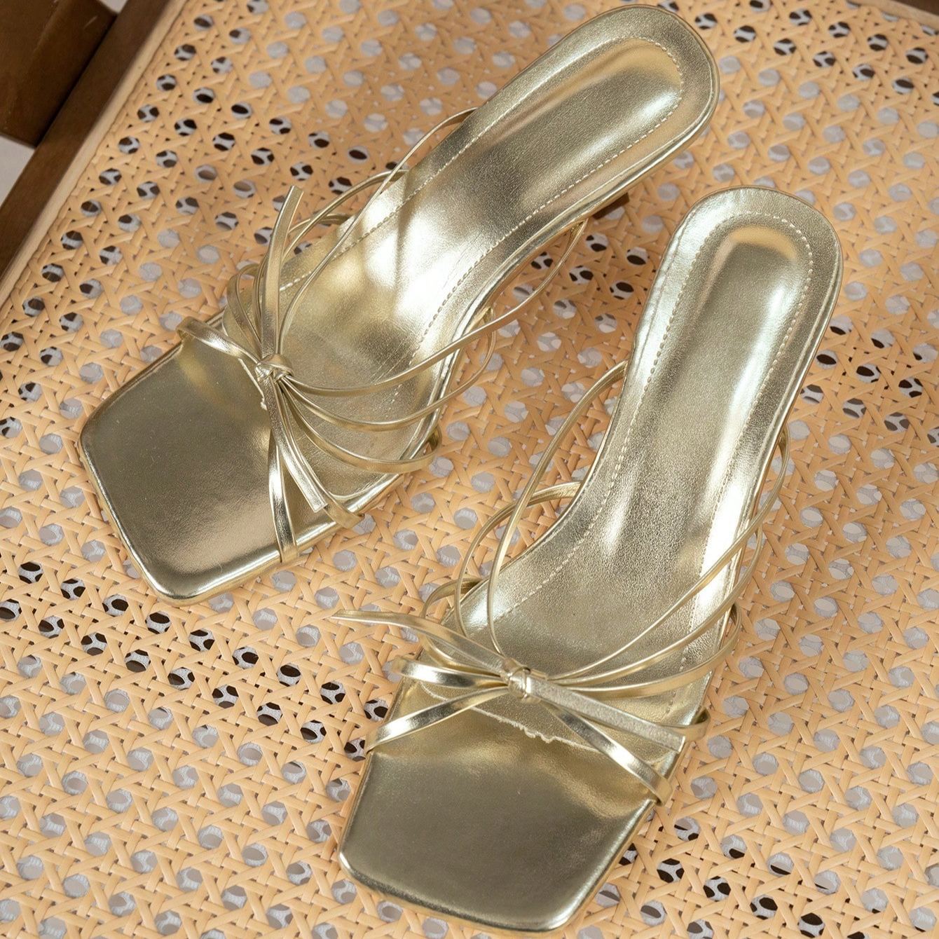 Modern Criss Cross Strap Mule Slip On Sandals For Women in Golden - Interior View