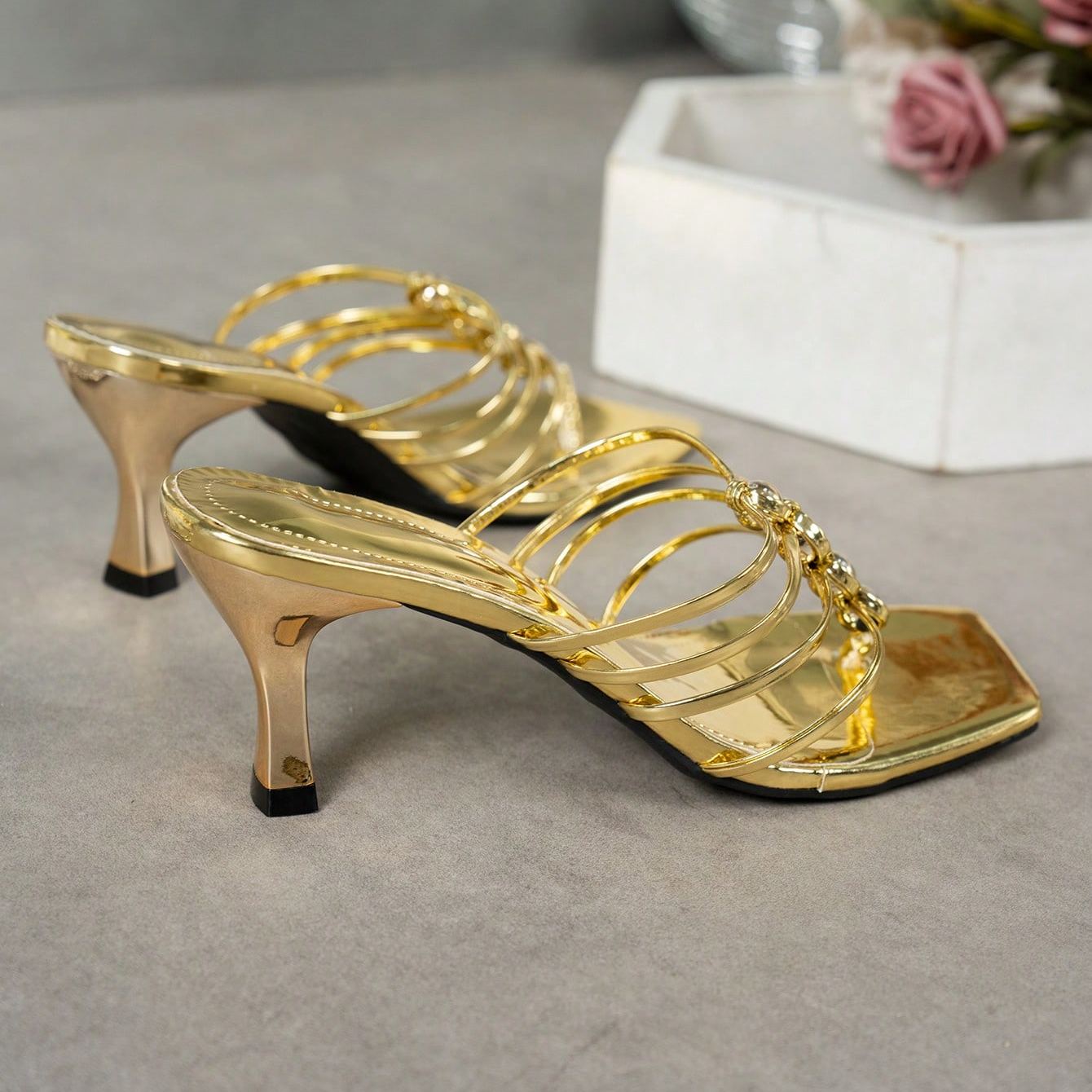 Multi Strap Criss Cross Mule Slip On Sandals With Beaded Detail in Golden - Close-Up Detail