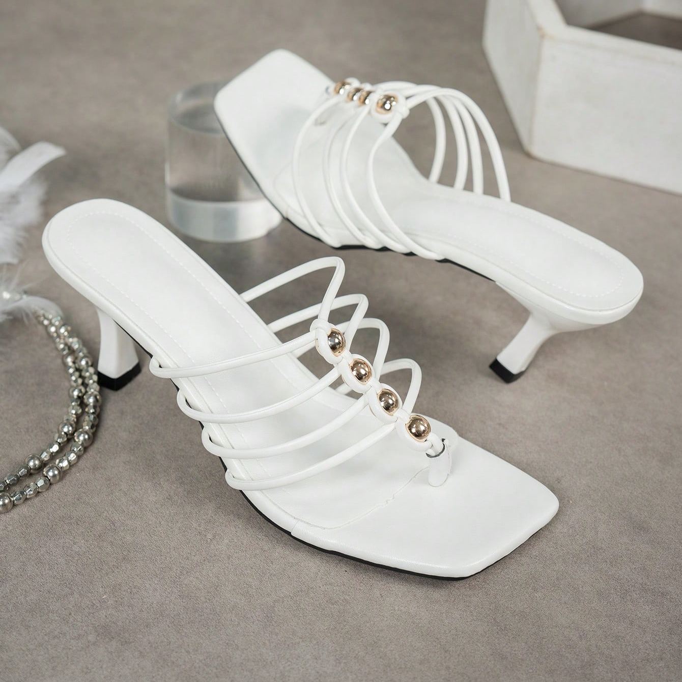 Multi Strap Criss Cross Mule Slip On Sandals With Beaded Detail in Golden - Left Side