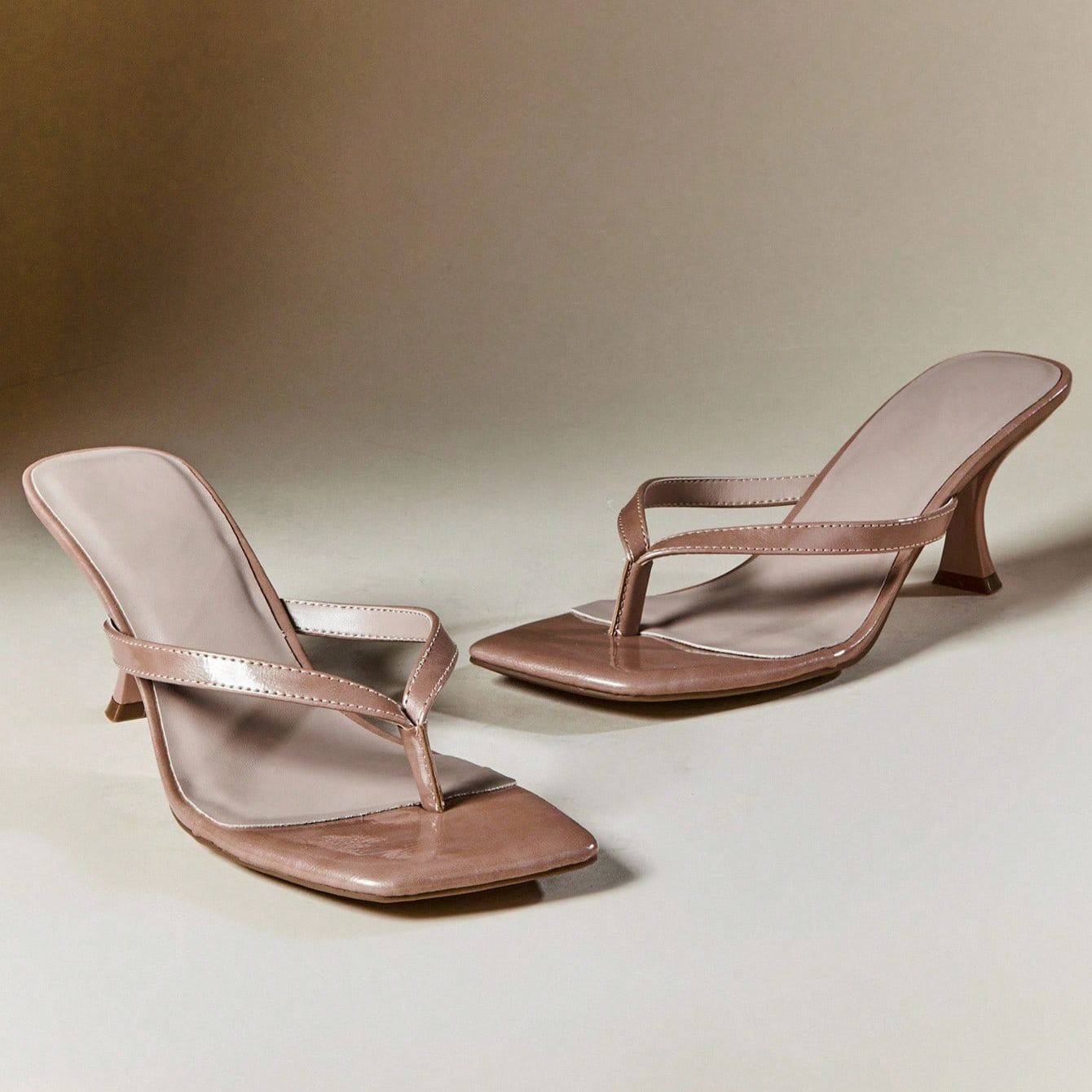 Square Front Coffee Thong Mid Heels in Beige - Front View