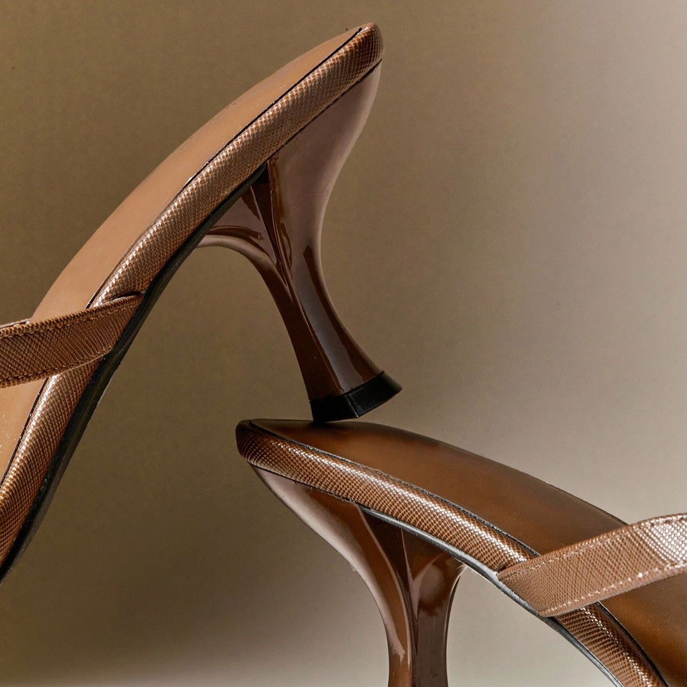 Square Front Coffee Thong Mid Heels in Beige - Close-Up Detail