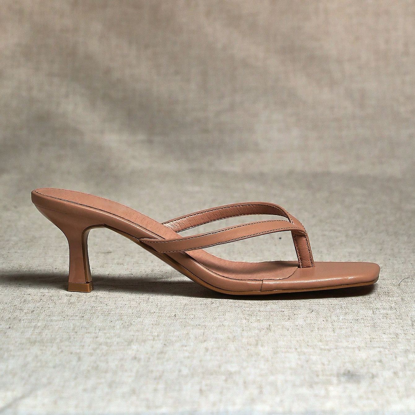 Stylish Thong Strap Kitten Style Slip On Sandals For Women in Brown - Side View