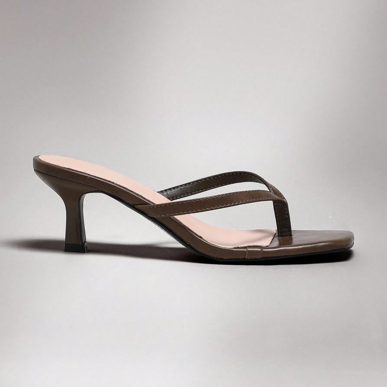 Stylish Thong Strap Kitten Style Slip On Sandals For Women in Dark Brown - On-Foot View