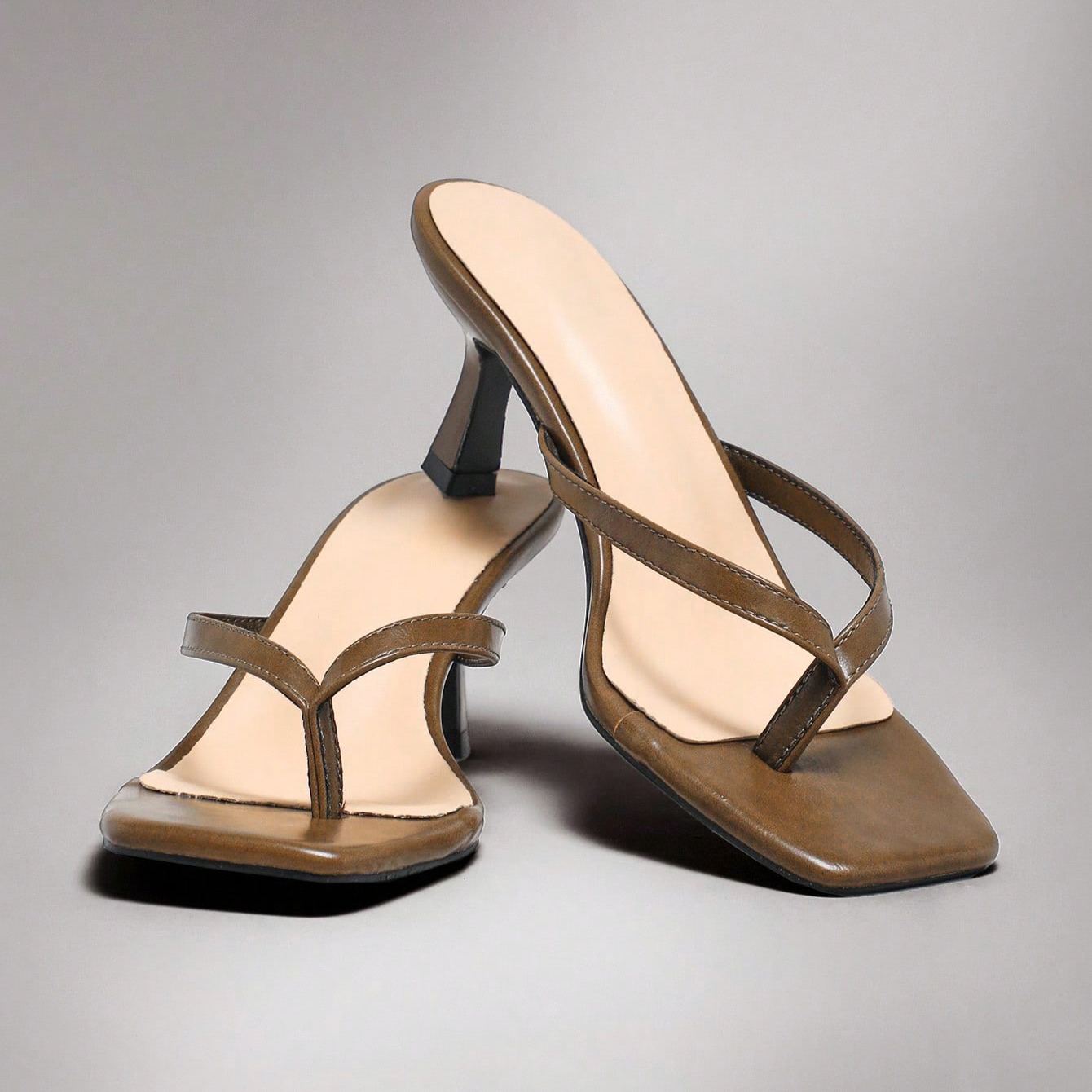 Stylish Thong Strap Kitten Style Slip On Sandals For Women in Dark Brown - Left Side