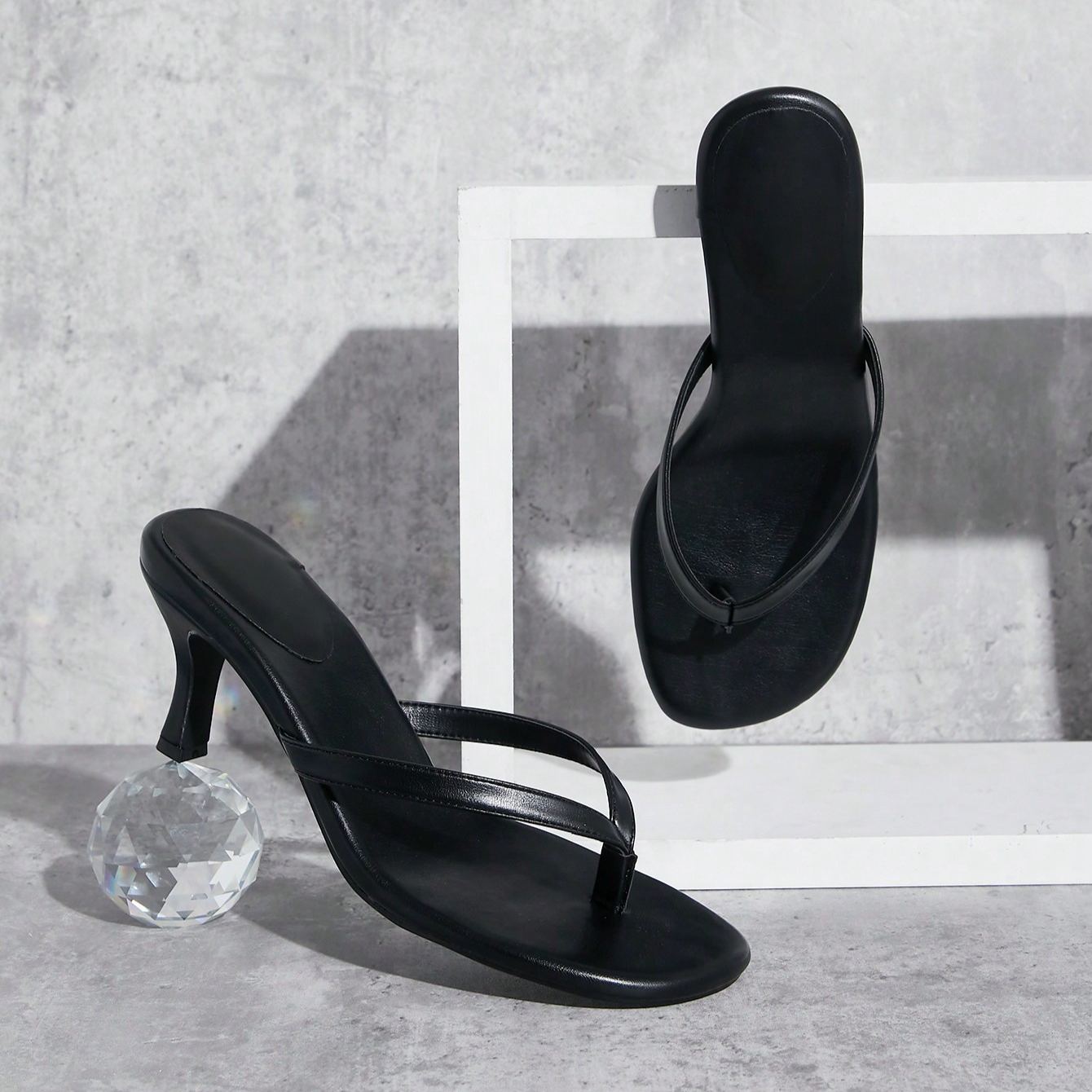 Stylish Thong Strap Kitten Style Mid Height Slip On Sandals For Daily Wear in Beige - Angled View