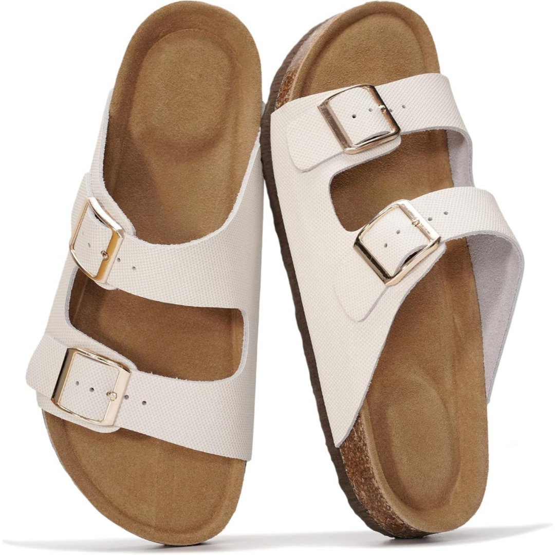 Cork Foot Bed Leather Flat Sandals For Women With Memory Foam And Arch Support