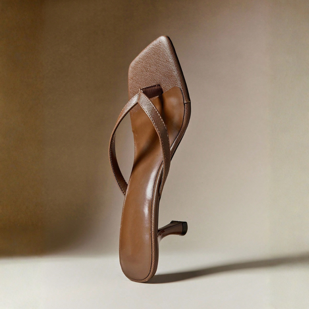 Square Front Coffee Thong Mid Heels in Beige - Strap Detail