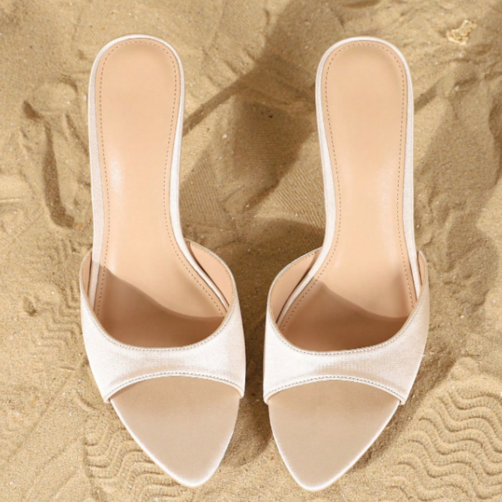 Criss Cross Strappy Slip On Mule Sandals For Women in Khaki - Angled View