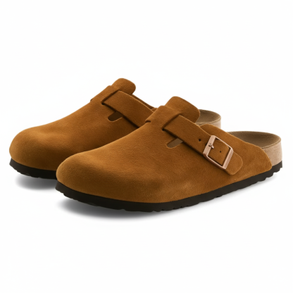 Suede Leather Clogs With Soft Cork Footbed Comfort
