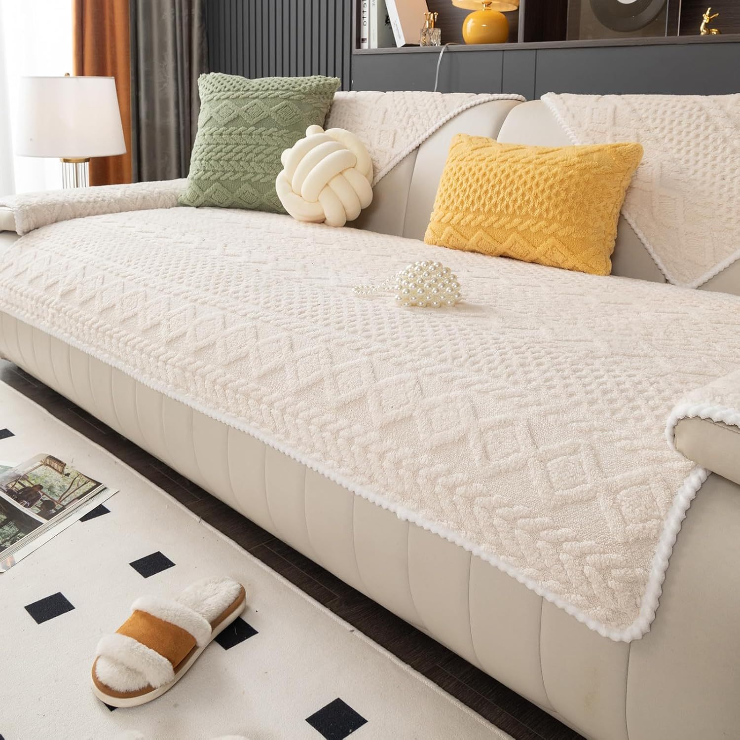 Geometric Plush Sofa Cover Non Slip Washable Couch Protector