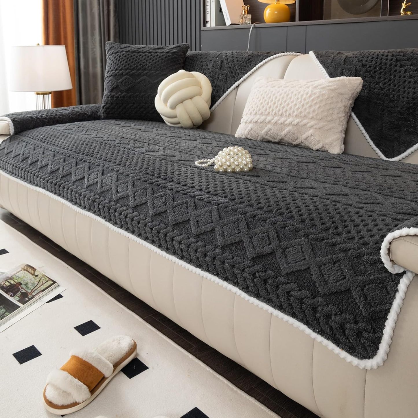 Geometric Plush Sofa Cover Non Slip Washable Couch Protector