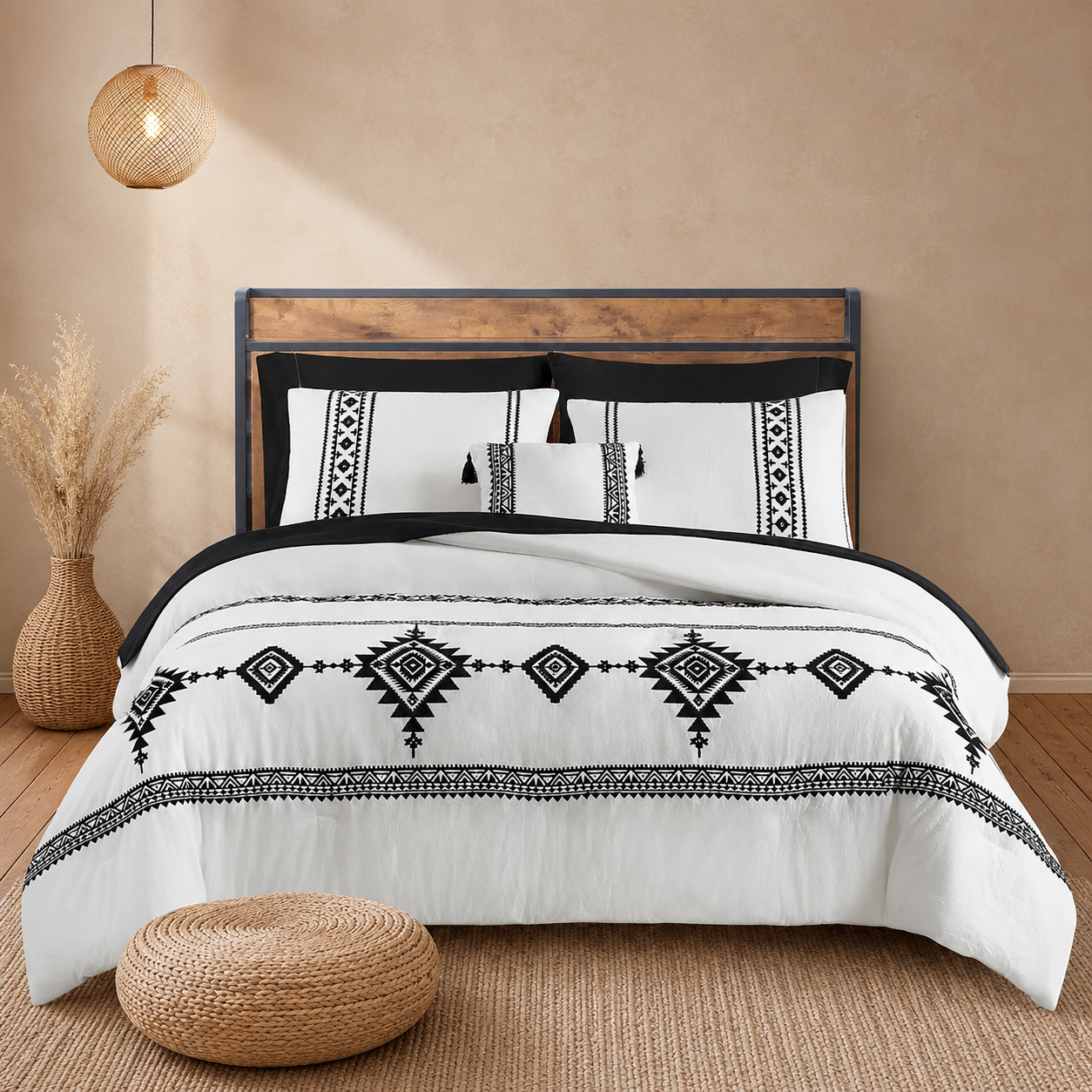 7 Piece Embroidered Boho Queen Comforter Set
