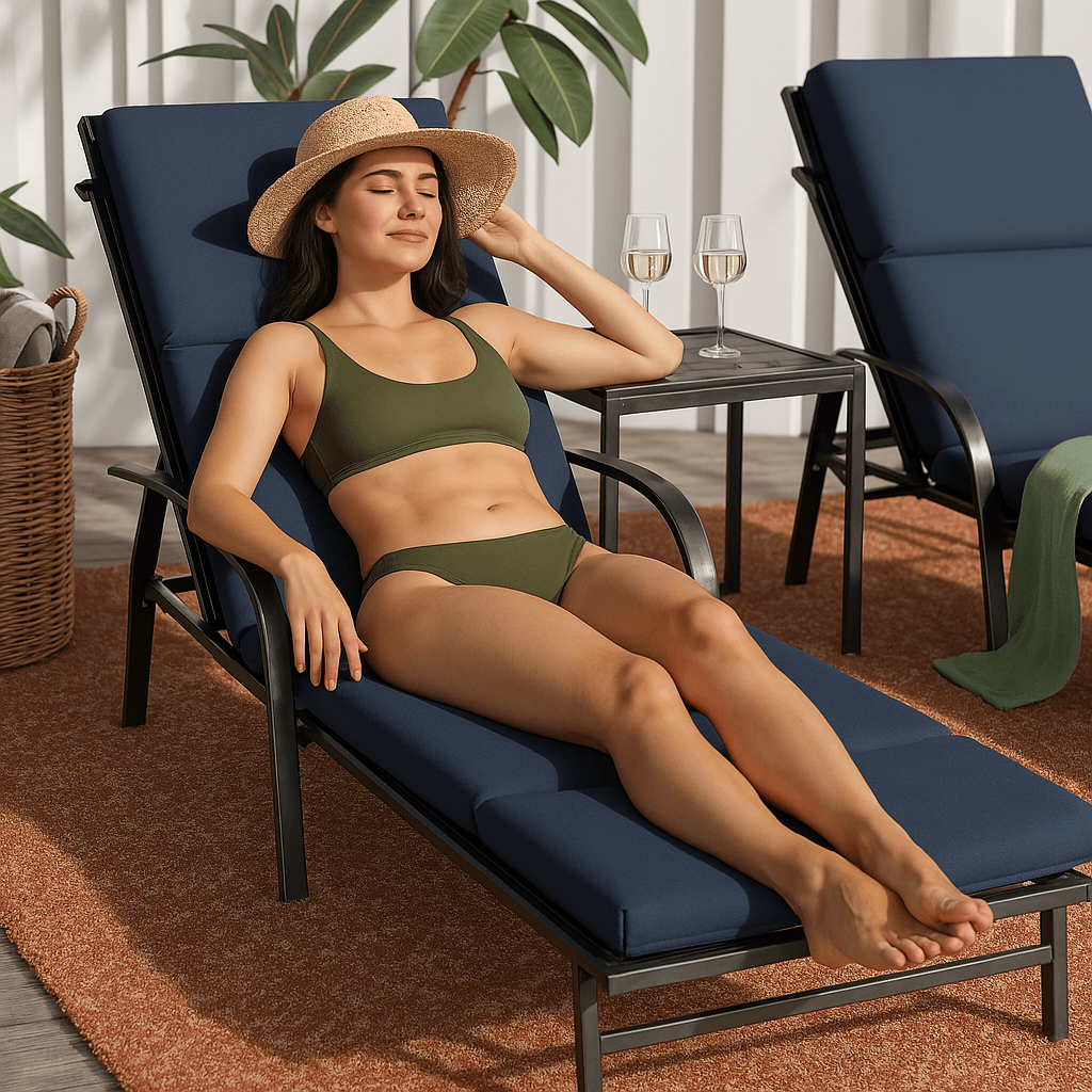 74 Inch Outdoor Chaise Lounge Cushion – Reversible Tufted Seat and Back Pad with Ties - Comfy Sofa Cover