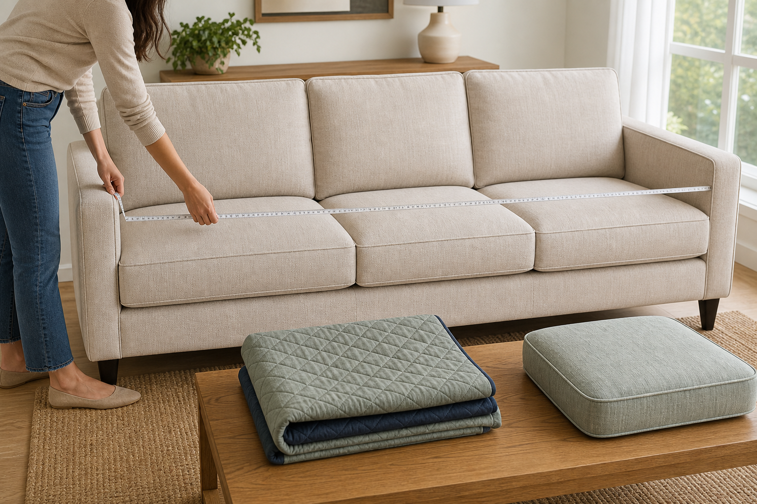 Person measuring the seat width of a cream three-seat sofa beside a folded quilted cover and separate lounge cushion