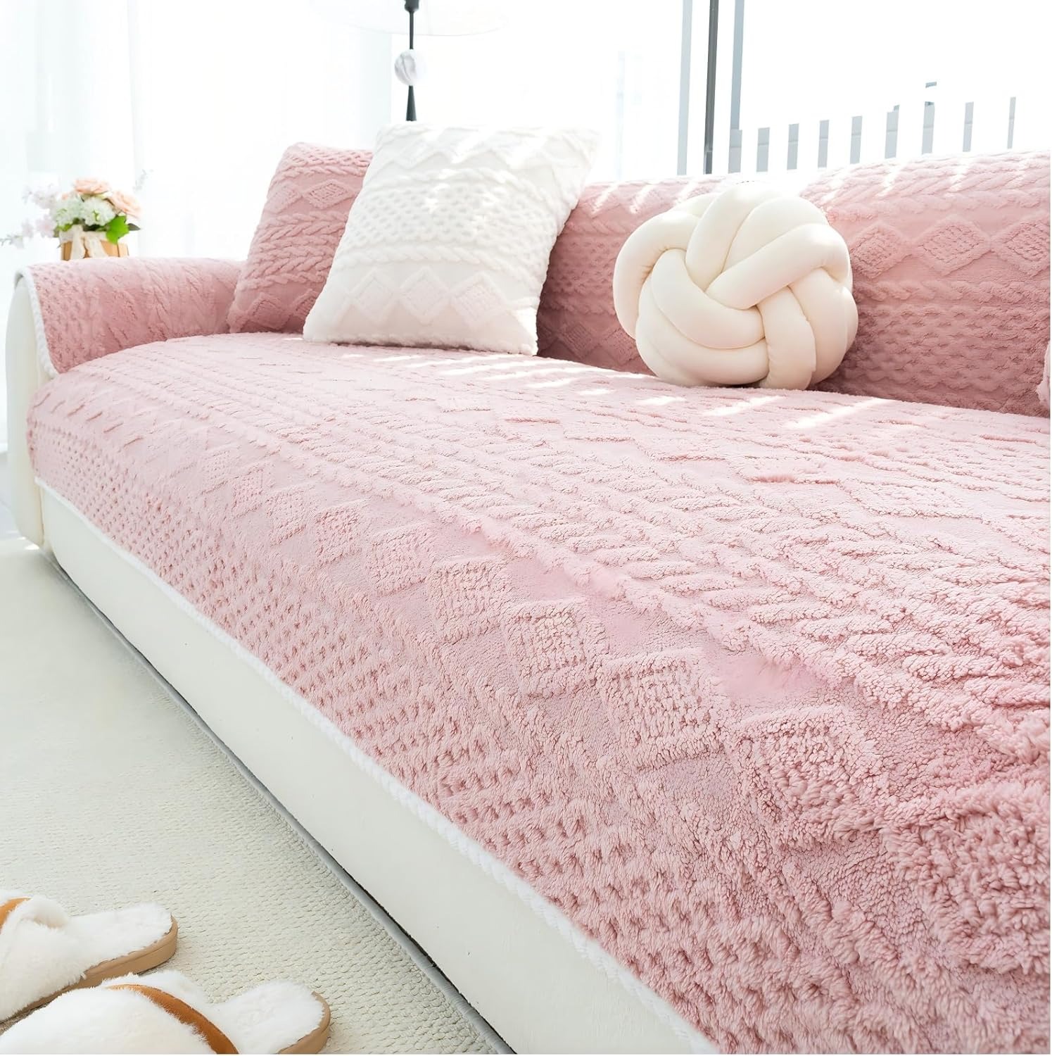 Geometric Plush Sofa Cover Non Slip Washable Couch Protector