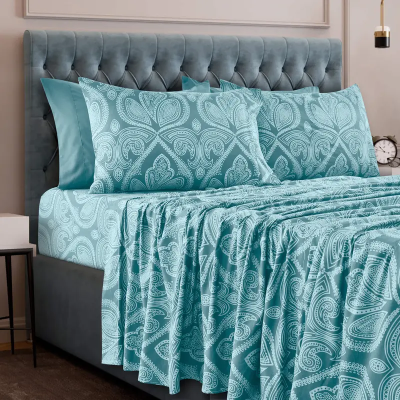 6 Piece Paisley Embroidered Microfiber Bed Sheet Set