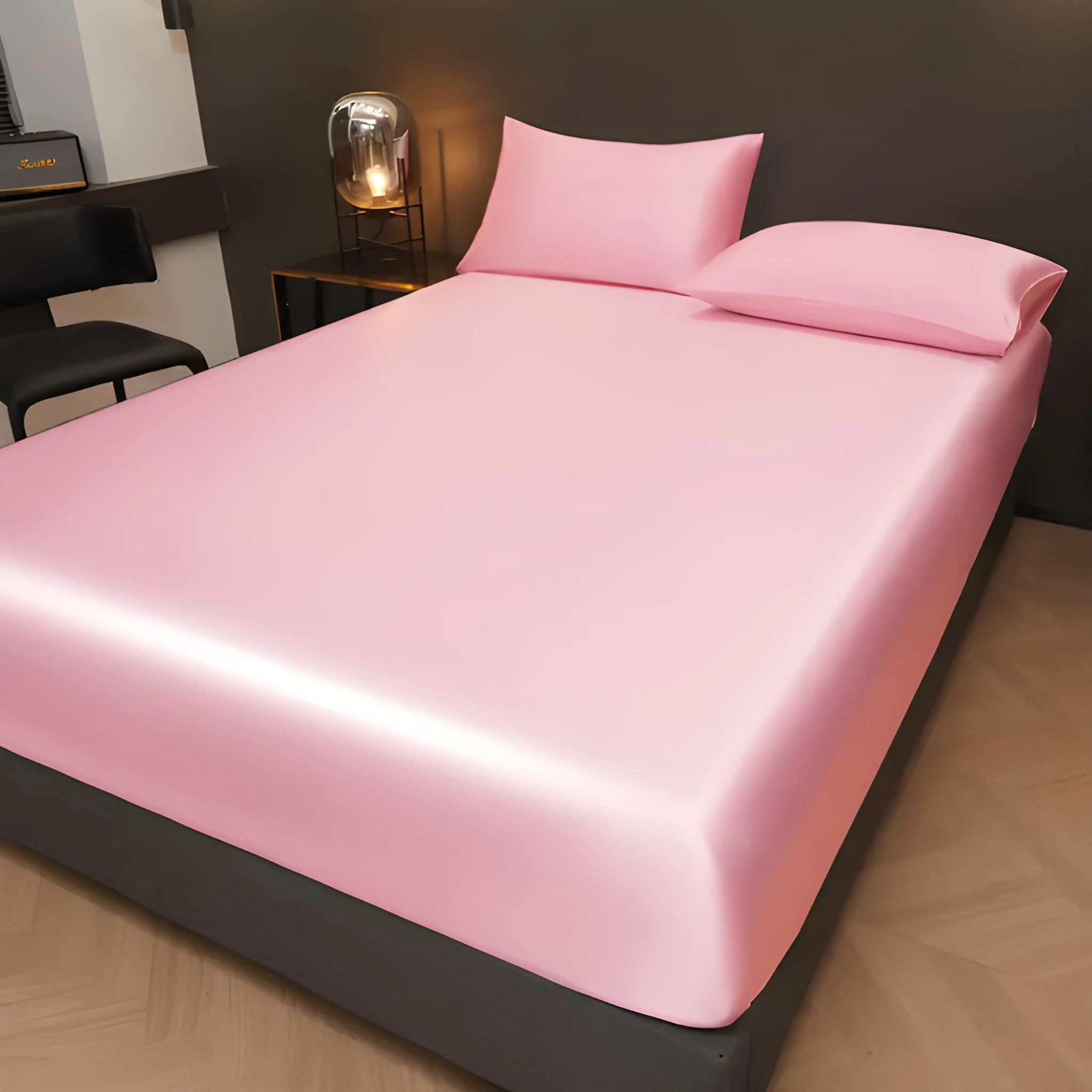 Solid Satin Fitted Sheet With Pillowcase Set