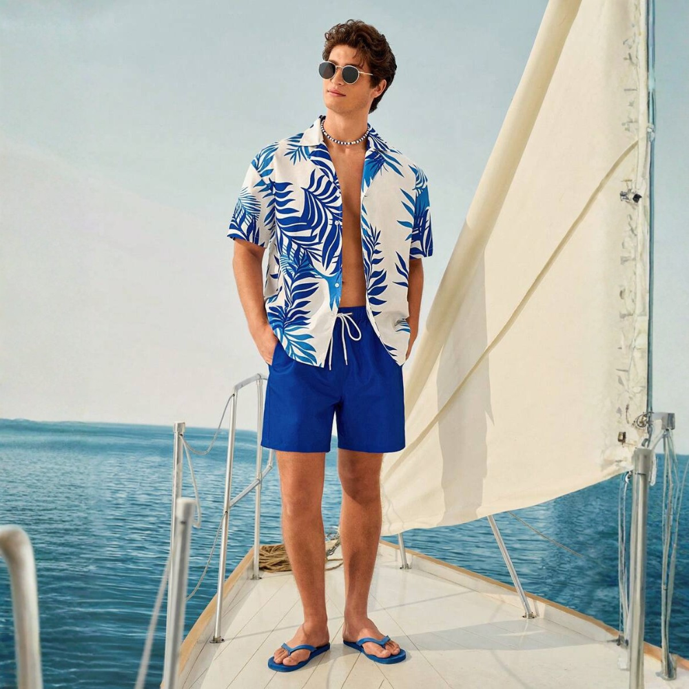 Tropical Plant Print Button-Down Short Sleeve Shirt And Drawstring Waist Pocket Shorts Beach Outfit