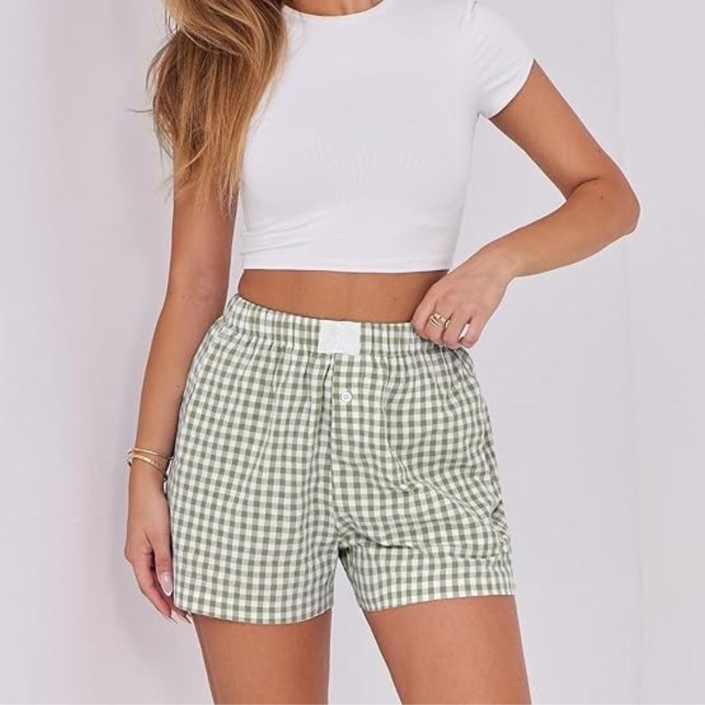 Women Gingham Plaid Boxer Lounge Shorts 