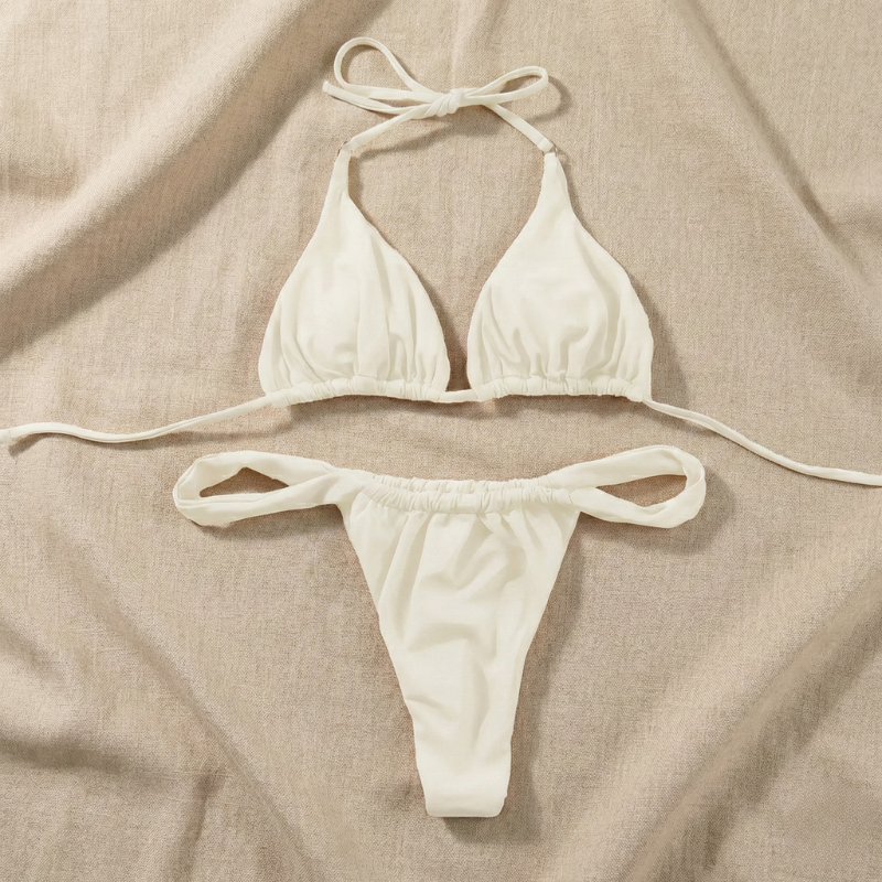 Two-Piece Set Women's Solid Tie Back Halter Bikini Triangle Top & Thong Swimwear Set