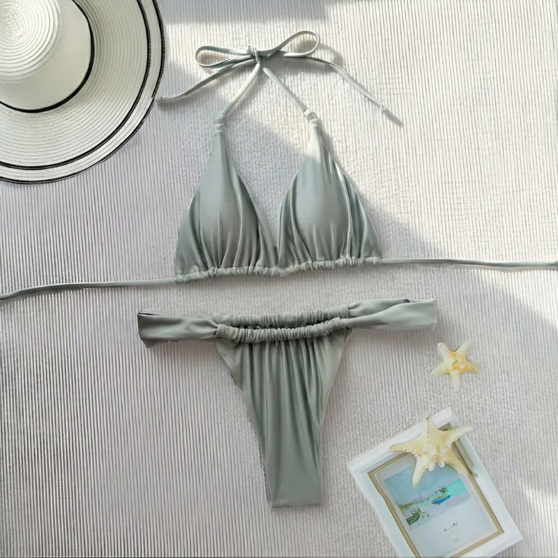 Two-Piece Set Women's Solid Tie Back Halter Bikini Triangle Top & Thong Swimwear Set