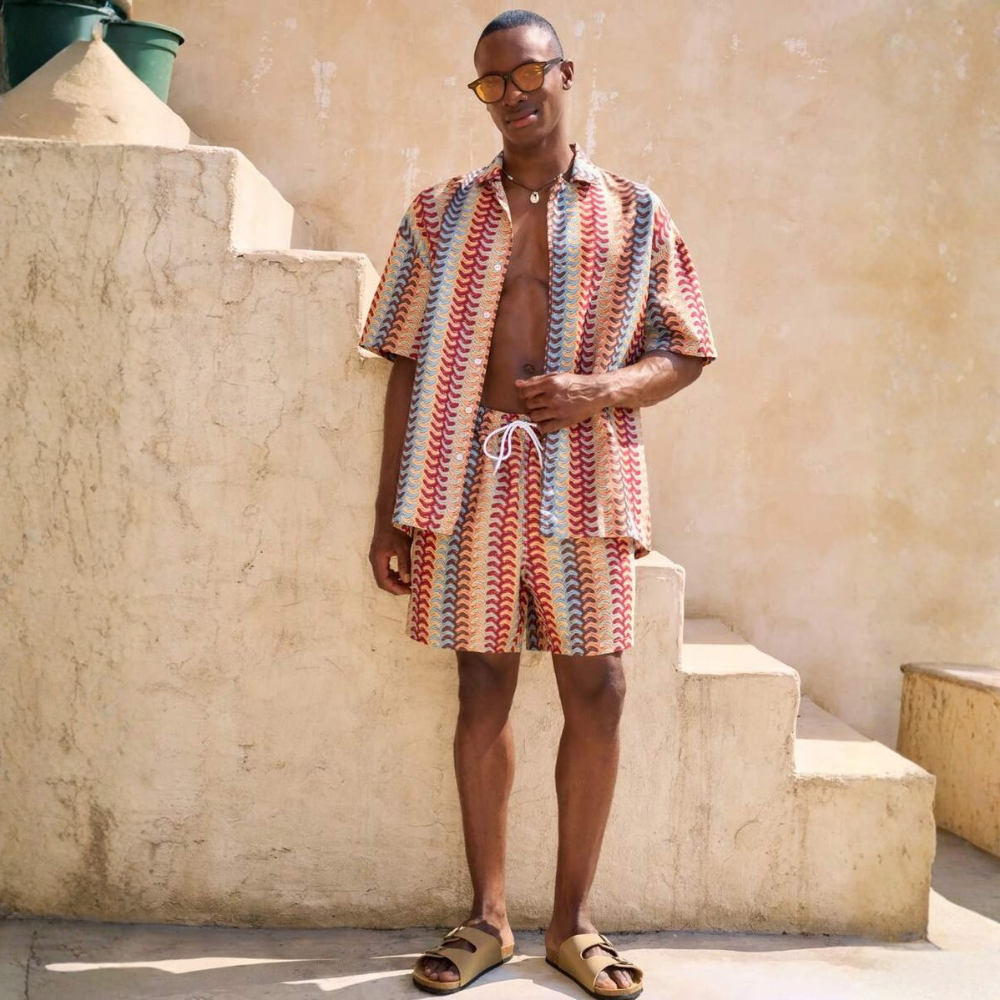 Tropical Plant Print Button-Down Short Sleeve Shirt And Drawstring Waist Pocket Shorts Beach Outfit