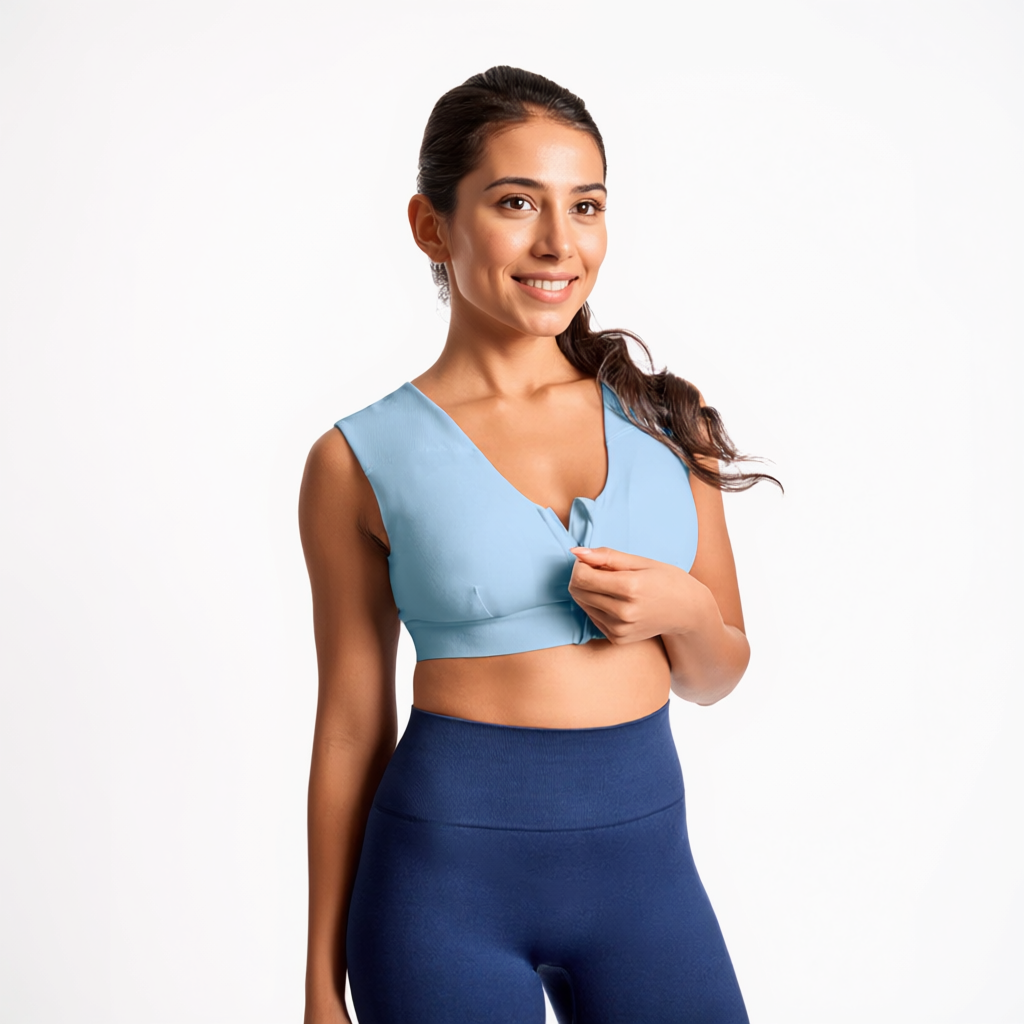 Zip Up Support Bra with Shoulder Panels and 4D Stretch Fabric