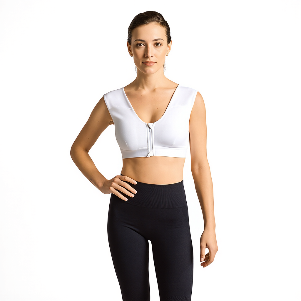 Zip Up Support Bra with Shoulder Panels and 4D Stretch Fabric