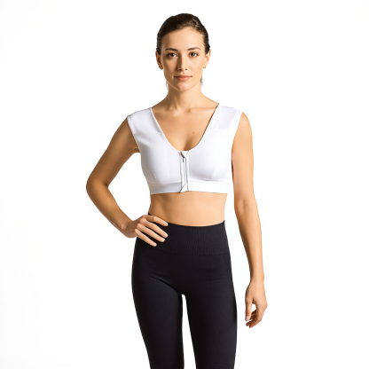 Zip Up Support Bra with Shoulder Panels and 4D Stretch Fabric