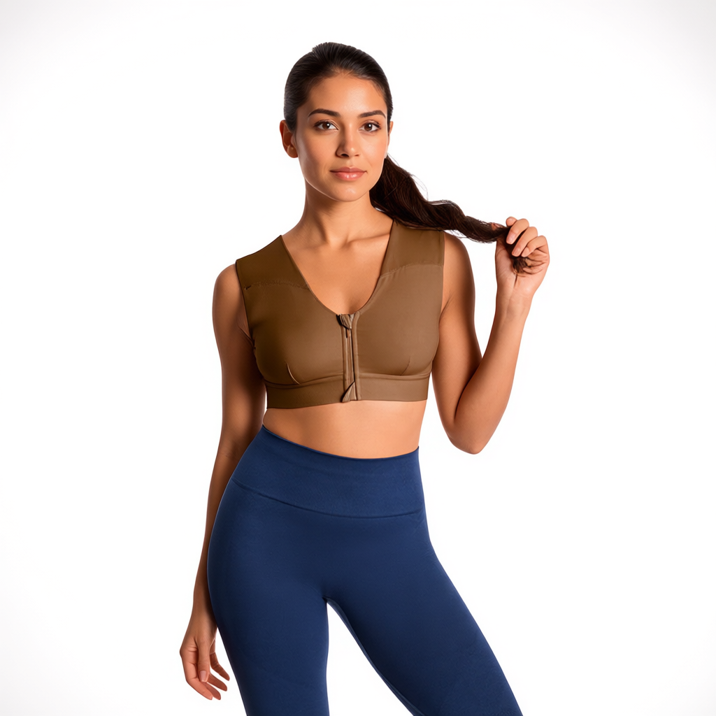 Zip Up Support Bra with Shoulder Panels and 4D Stretch Fabric