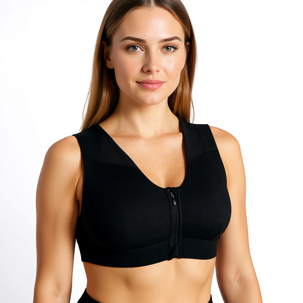 Zip Up Support Bra with Shoulder Panels and 4D Stretch Fabric
