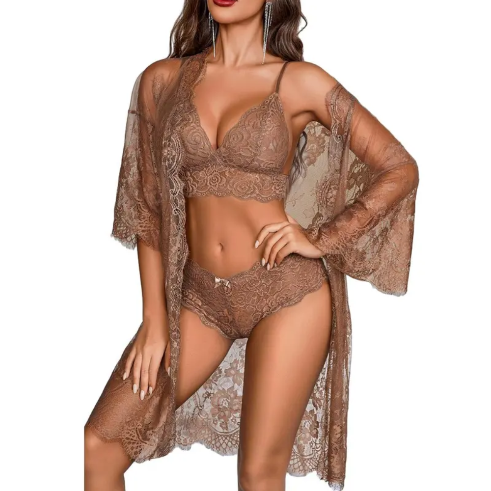 Three Piece Sleepwear Sets With Lace Kimono Robe For Women