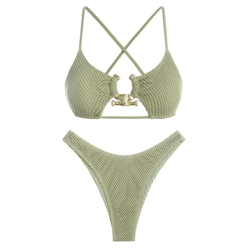  Women's Cutout Bikini Criss Cross Textured Metal High Leg Bikini Sets