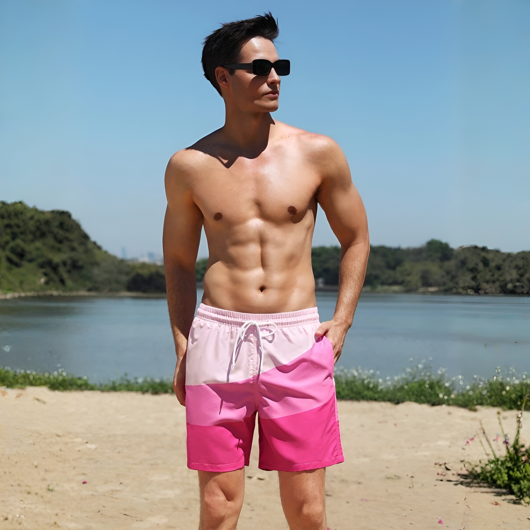 Color Block Men Beach Shorts And Women Swimsuit Matching Swimwear Set  